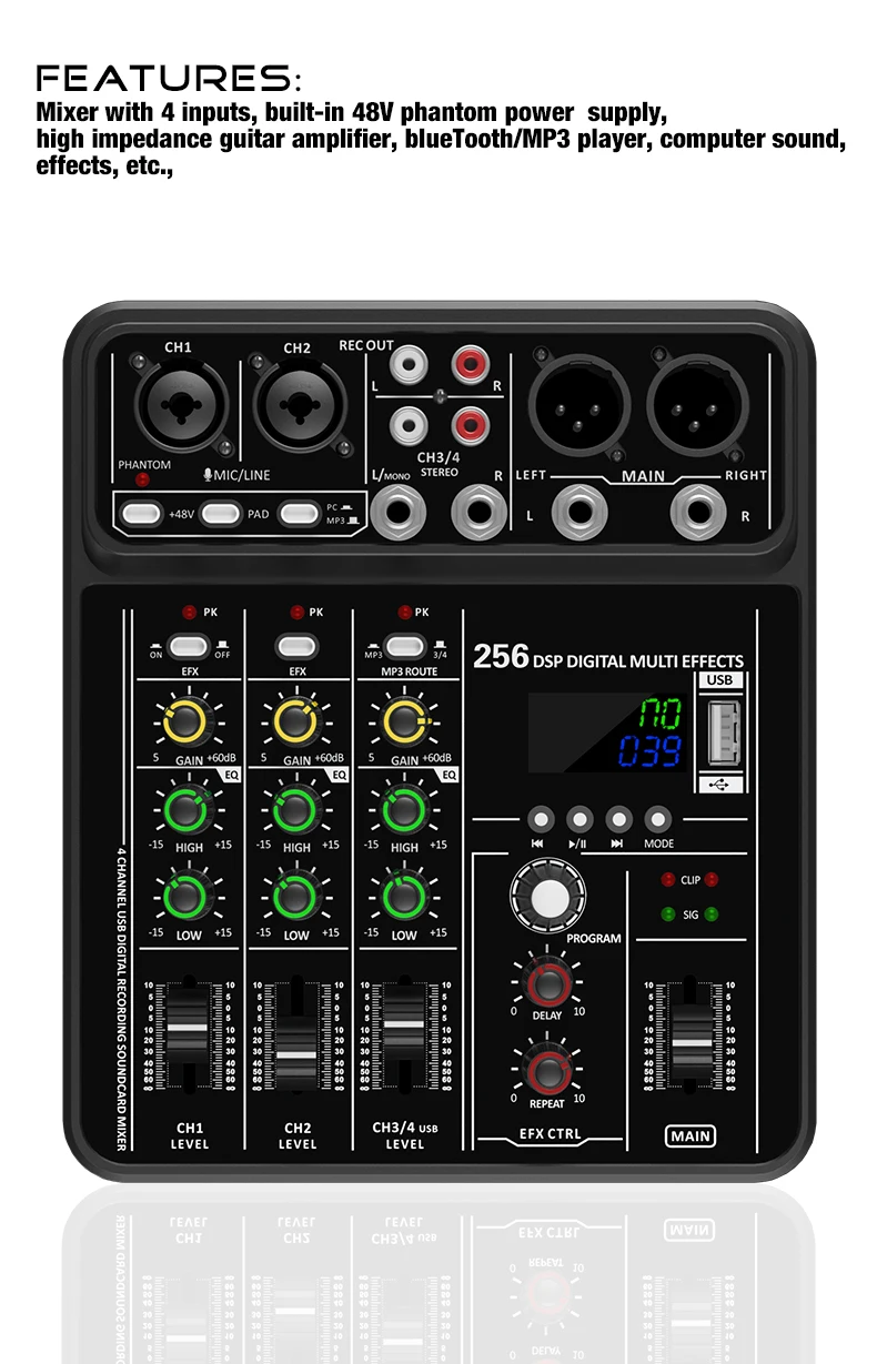 Audio Interface Mixer with Bluetooth USB Recording Computer 48V Phantom Power De