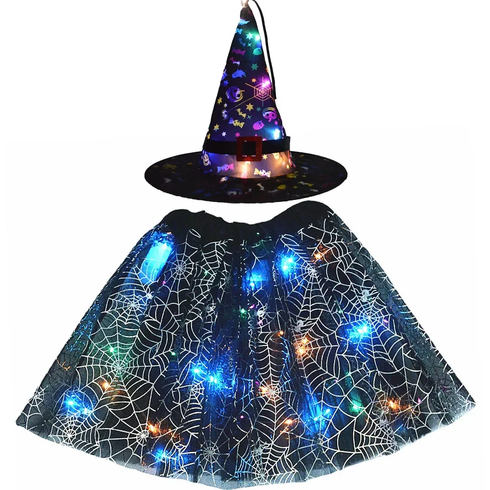 thumbnail image 1 of Sombrero de elfo con luz LED luminosa para mujer y niña, falda con forma de estrella, tutú de telaraña, disfraz de mago, regalo para fiesta, festival de Halloween, 1 of 5