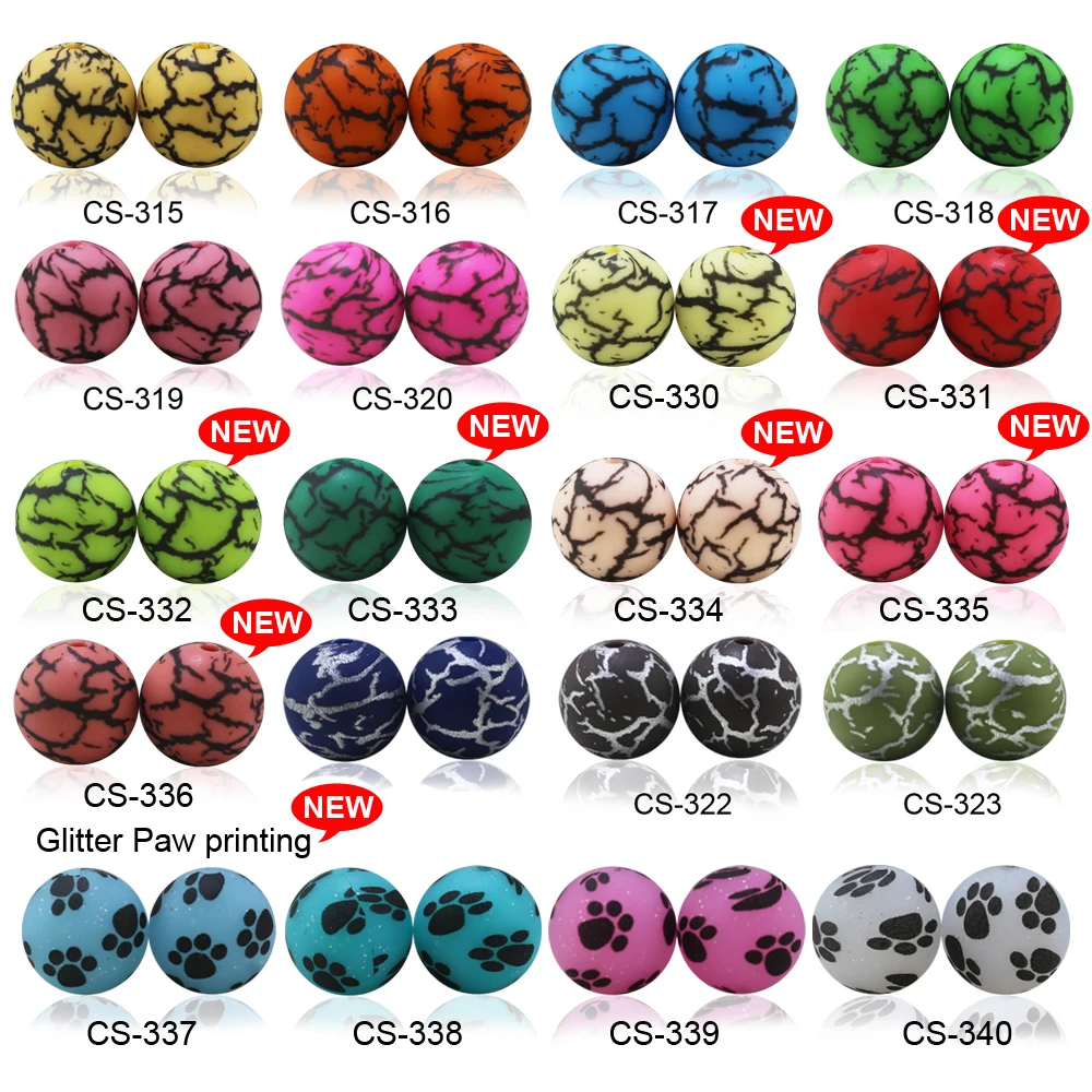 

100Pcs 2024 New Printing Lagoon Marble Turquoise Silicone Beads 15mm Black Silver Stone Print Beads Teething For Beaded Pen DIY