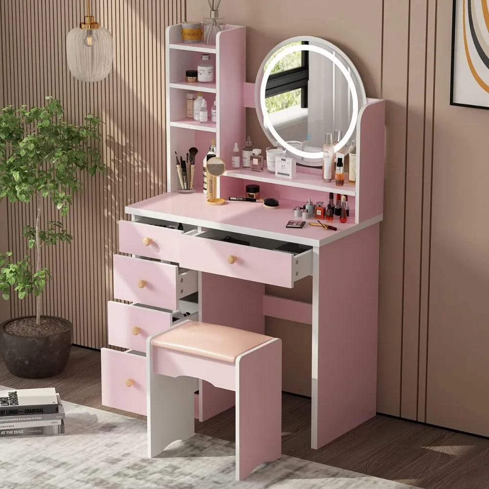 

Makeup Vanity Set Dresser Desk with 5 Drawer and Light Shelf Round Mirror with Touch Screen and Vanity Set with Cushioned Stool