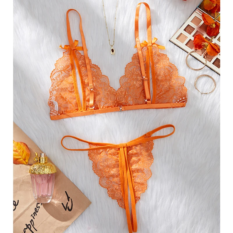 Transparent Adult Women's Sexy Orange Lace Bra Set Bow Flower Color Blocked Pattern Porn Hollow Crotchless Exotic Lingerie