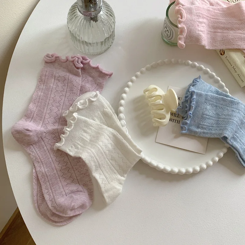 

Women's summer thin style sweet and cute solid color cotton mesh breathable pile mid-tube socks