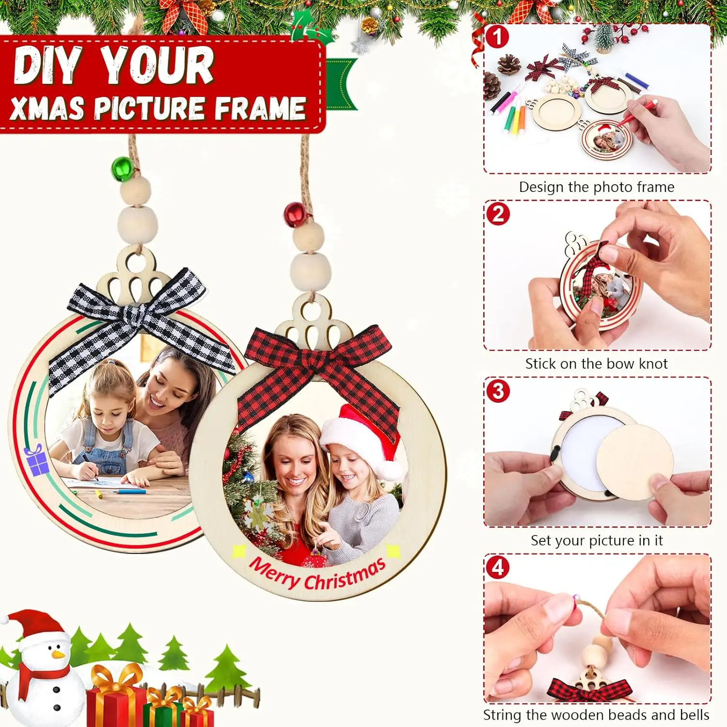 Christmas Picture Frame Decorations DIY Wooden Photo Decorations Hanging Decorations