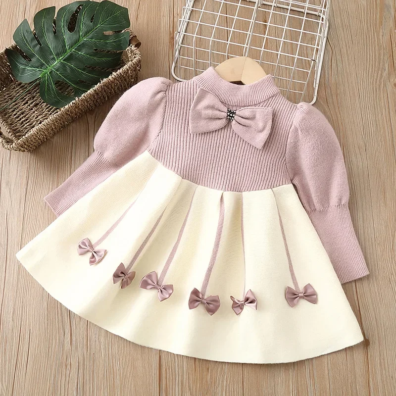thumbnail image 1 of Nuevo vestido suéter de punto para niña de 2 a 6 años, vestido acampanado con volantes y agradable arco para niña, ropa para niño, 1 of 6