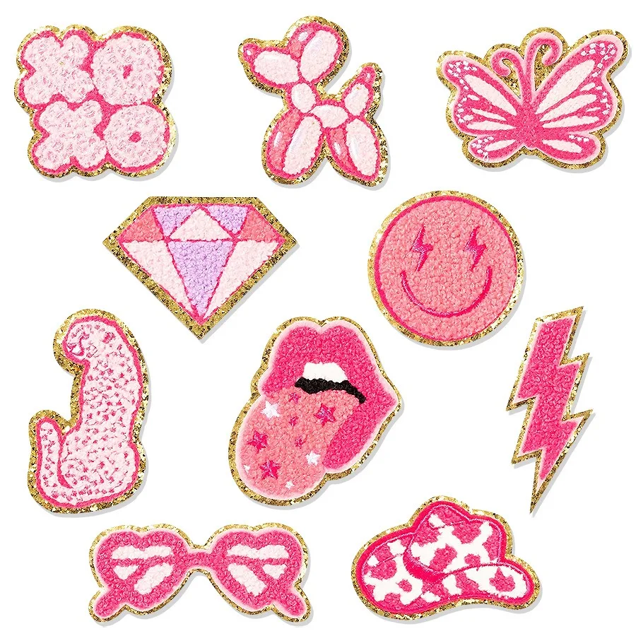 

2024 New Glitter Embroidery Patches DIY Towel Fabric Pink Stickers Self-adhesive Badges Emblem Cloth Bag Hat Skirt Accessories