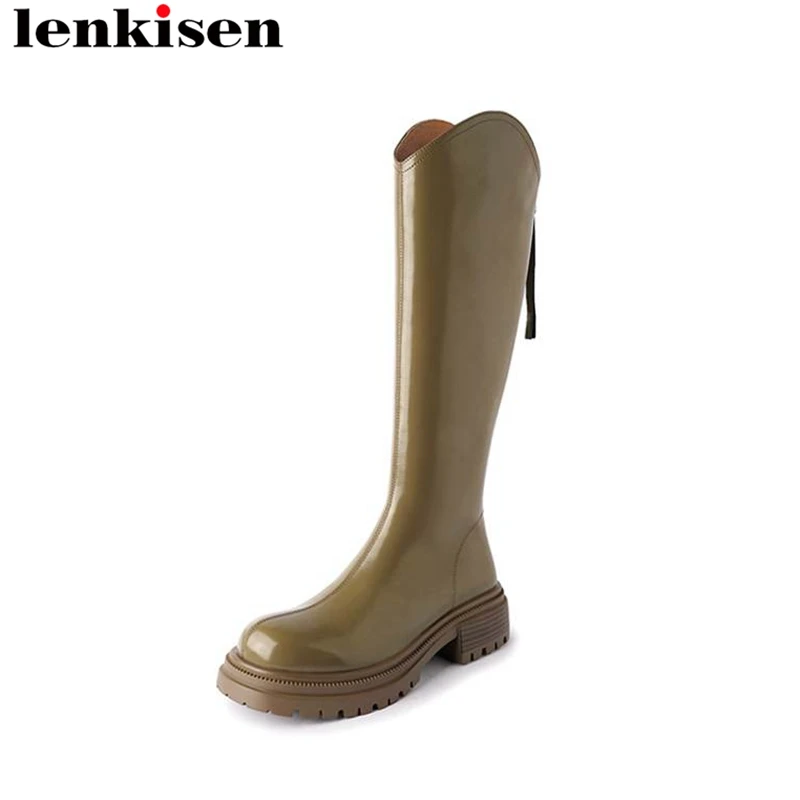 

Lenkisen Cow Leather Brand Round Toe Winter Vintage Zipper Warm Riding Boots Med Heels Platform Runway Luxury Thigh High Boots