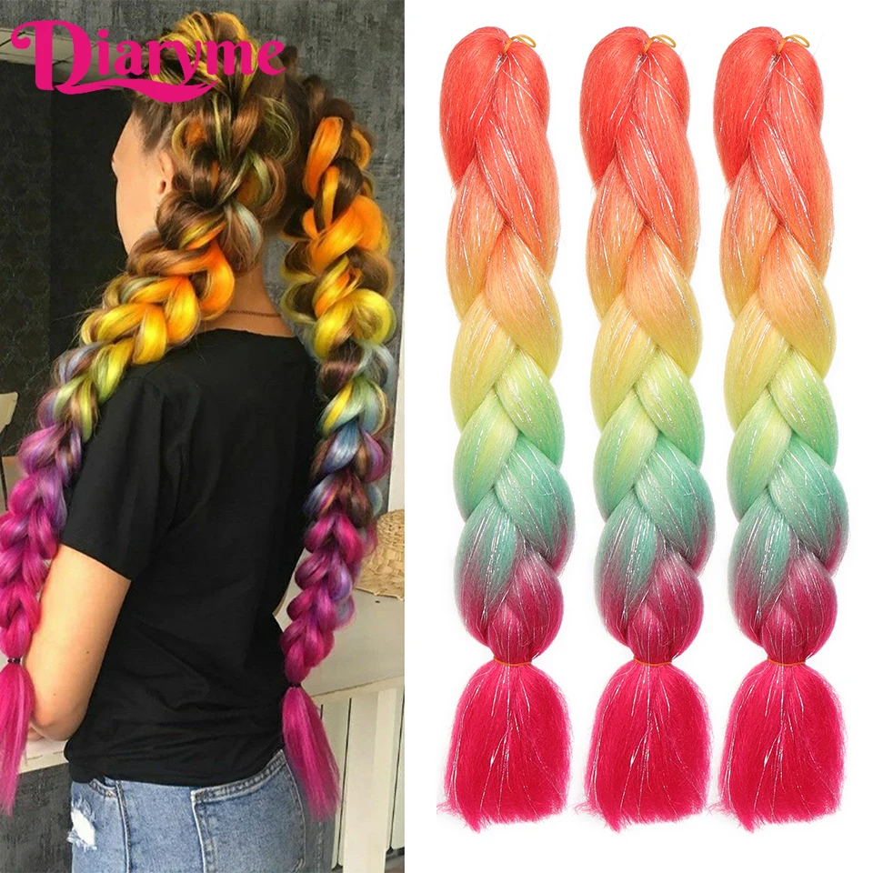 Ombre Colorful Synthetic Hair Extensions 24 Inch Jumbo Braiding Hair for Crochet Twist Box Braids Rainbow Kanekalon Halloween Ha