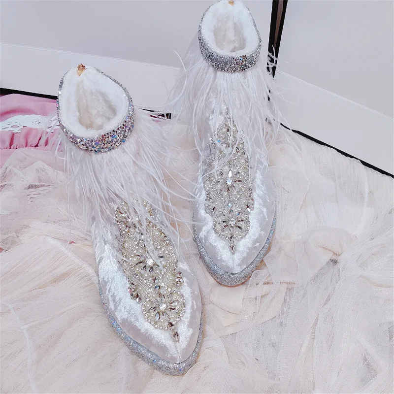 

Feather hand-made rhinestone Winter boots with fleece warm pearl fur one-piece boots women's 35-41