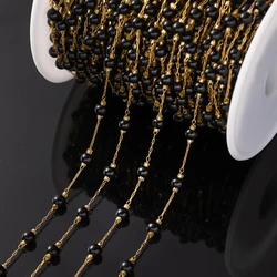 1 Meter Elegant Round Stone Bead Stainless Steel Chain for Crafting & Jewelry Making (Black)