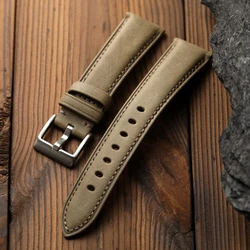 Luxurious Vintage Style Handmade Italian Leather Watchband, First - Layer Cowhide - 22mm (Grey)