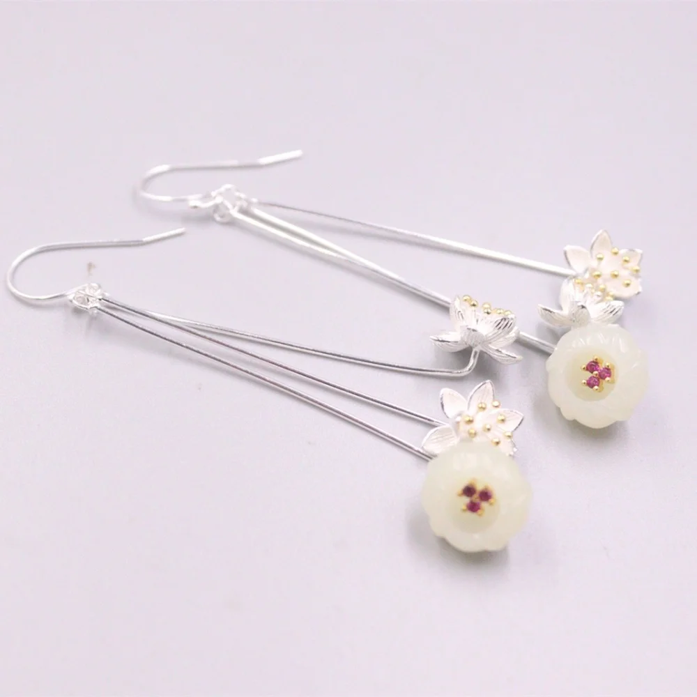 

New S925 Sterling Silver Natural Jade Women Lucky Flower Dangle Earrings 69mmL