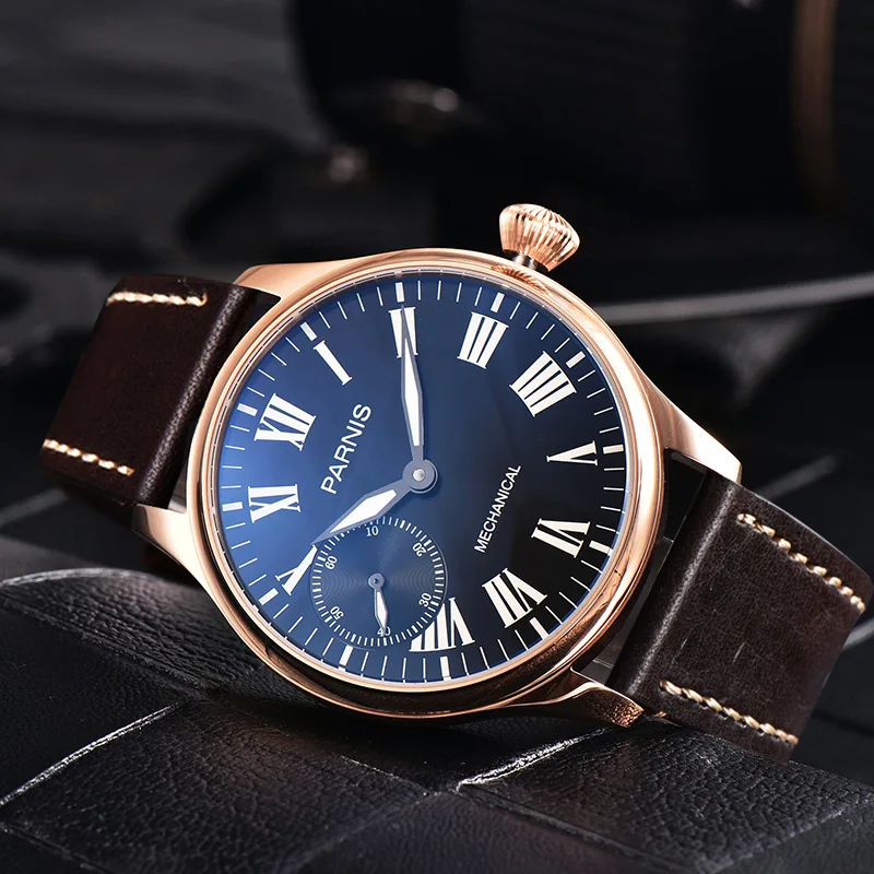 

Parnis 44mm Rose Gold Case Hand Winding Mechanical Men Watch Leather Strap Luminous Hand Wind Sports Men's Watches Reloj Hombre