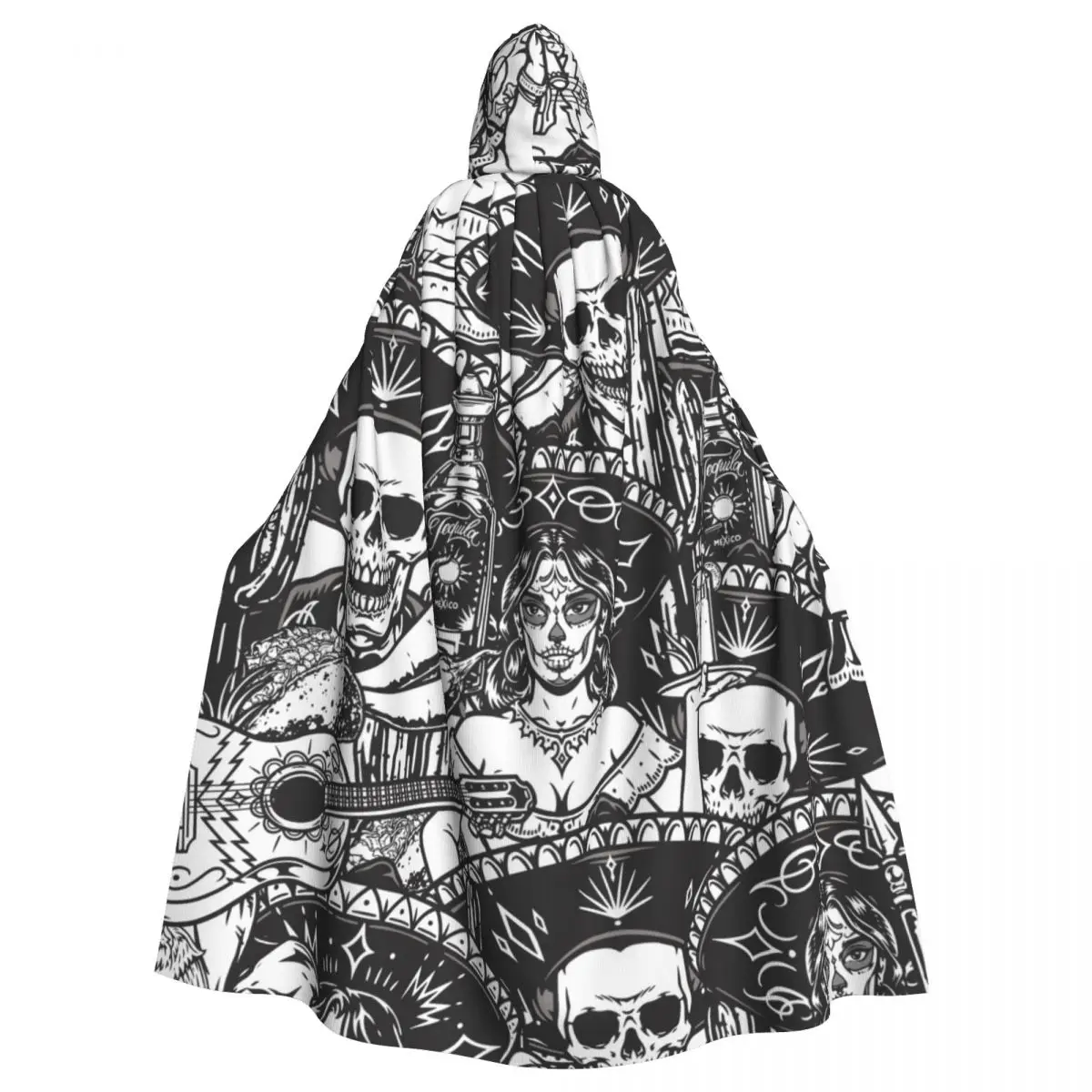 

Unisex Adult Mexican Skeleton Musician In Sombrero Cloak with Hood Long Witch Costume Cosplay