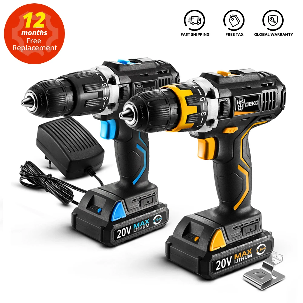 DEKO GCD20DU Series Electric Screwdriver Cordless Impact Drill (DU3 Only) Fast charger 1/2" Metal Chuck 20V 1.5Ah Li-ion battery