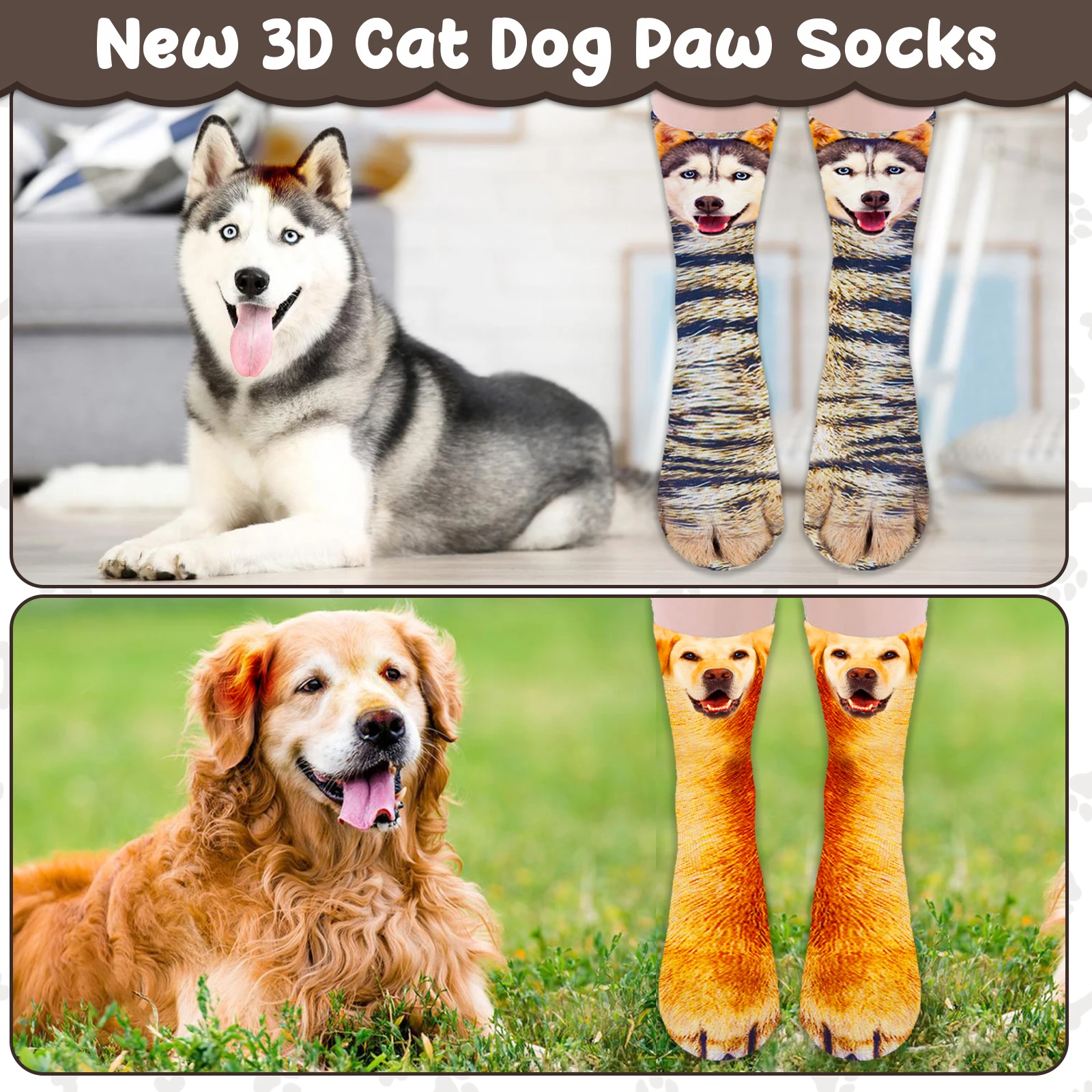 2 Pair Dog Claw Socks Funny Animal Paw Socks Novelty Christmas Stocking Stuffers 3D Dog Gray Orange Paw