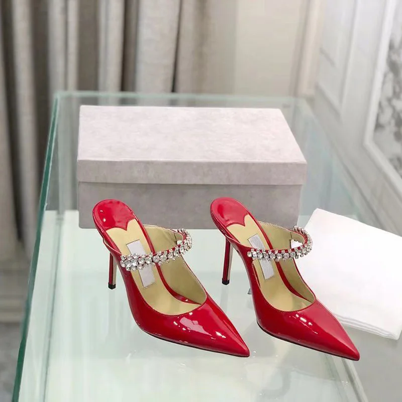 

Water Diamond Lacquer Leather Pointed Muller Set Diamond High Heel Flat Bottom Slippers for Women