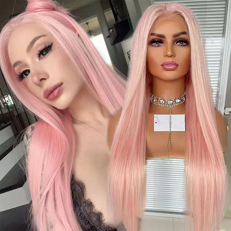 

Bombshell 13x4 Pink Color Straight Synthetic Lace Front Wigs for Black Women Pre Plucked Hairline Half Hand Tied Wig Daily Use