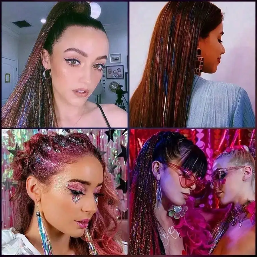 12Colors Shiny Hair Tinsel Strands Kit 36inch And 48inch Synthetic Sparkling Hair Glitter Extensions Colorful Tinsel