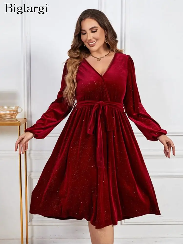

Plus Size Autumn Midi Dress Women Long Sleeve Sequin Elegant Ruffle Ladies Dresses Casual Fashion Pleated Woman Dress 2023