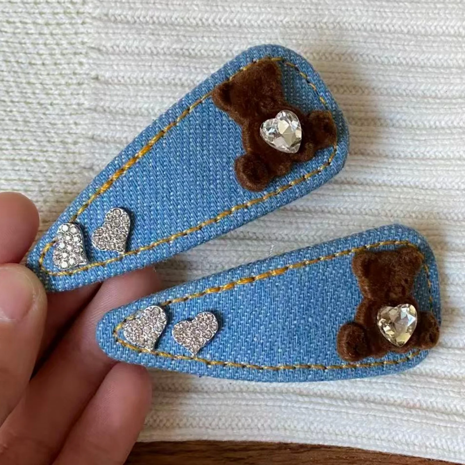 1PC Denim Hair Clips, Cute Bear & Bow Decor, Rhinestone Embellished, Trendy Hair Accessories for Girls，Korean Style
