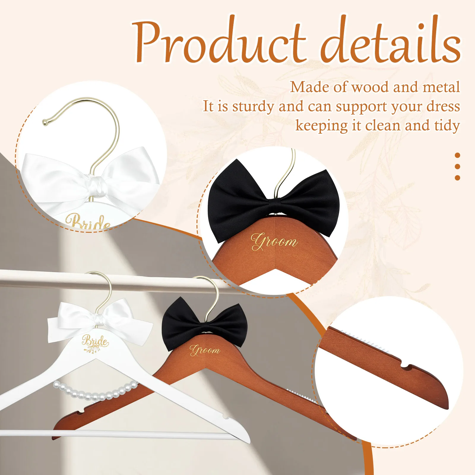 4Pcs Wood Hangers Wedding Dress Hanger with Bow Pearl Bride & Groom Gown Toast Dress Tuxedo Suit Anti Slip Hanger Clothing Rack