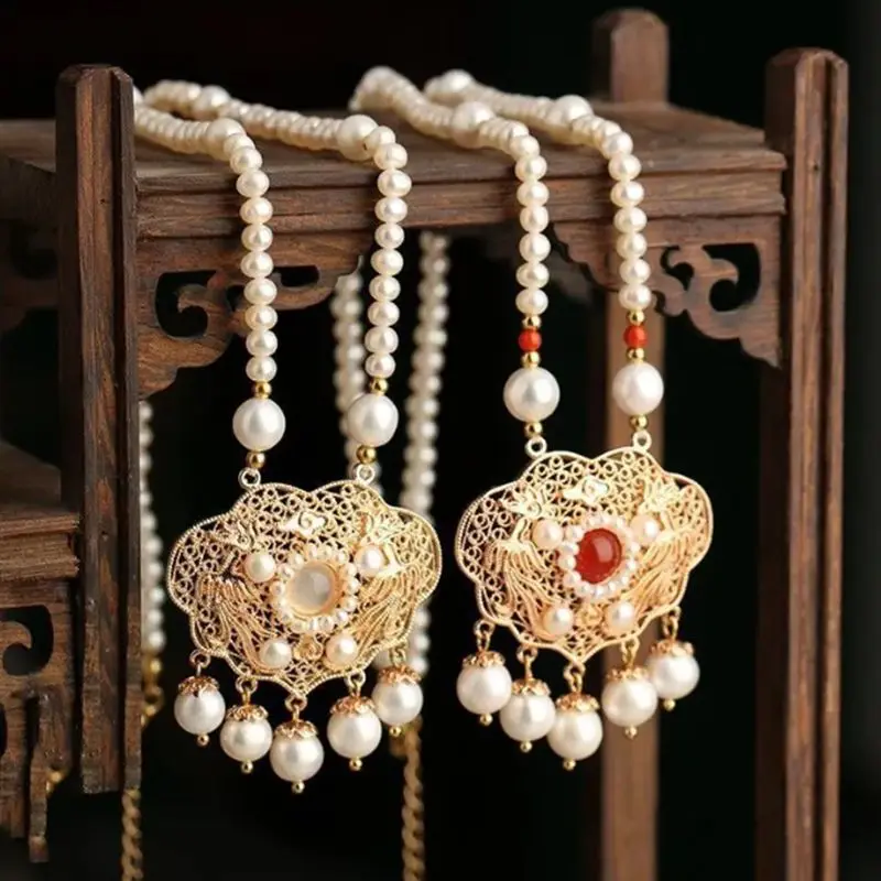 

Women's Pearl Necklace with Pendant Elegant Hanfu Accessories Ruyi Charm Jewelry Necklace for Wedding Party