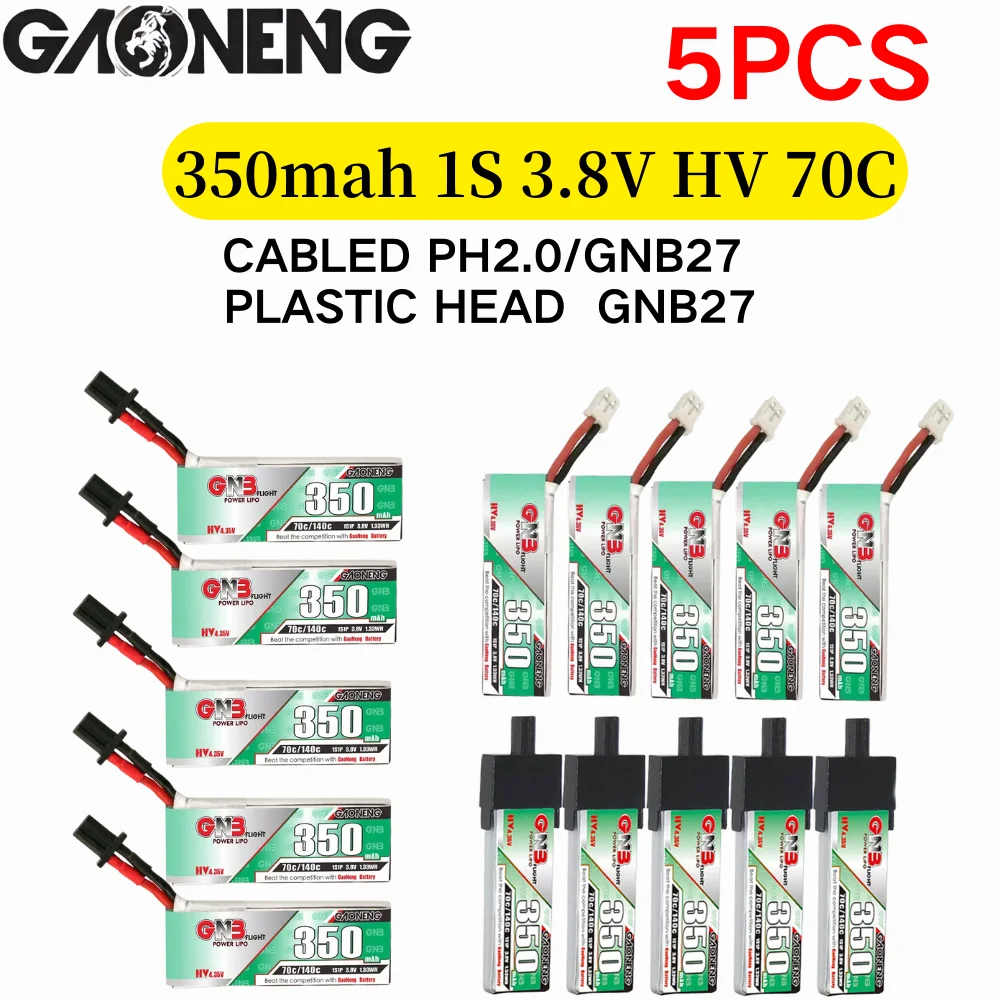

5 шт., литий-полимерный аккумулятор GAONENG GNB 1S 350 мАч 3,8 В 70C 140C с разъемом PH2.0/GNB27 для мини квадрокоптера FPV дрона Emax NanoHawk