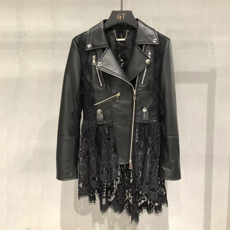 

Women Coat Spring And Autumn 2023 New Fashion Genuine Leather Jacket Spliced Lace Turn-Down Collar Long Sleeve High Quality