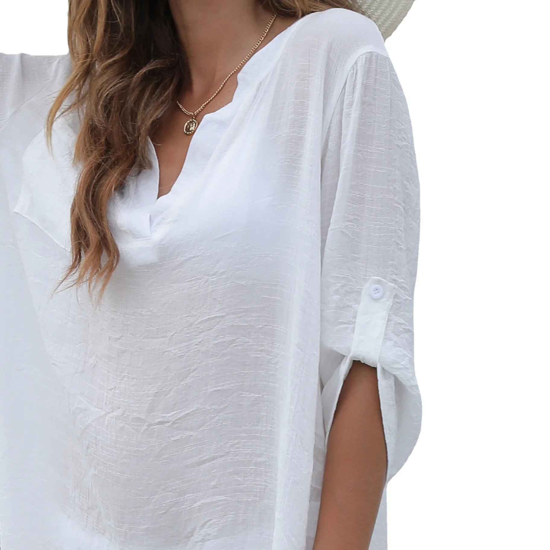 Summer Women's Clothing Deep V Neck Three Quarter Sleeve Loose Waist Midi Beach Dress Polyester Slub Cotton Solid Swee 3