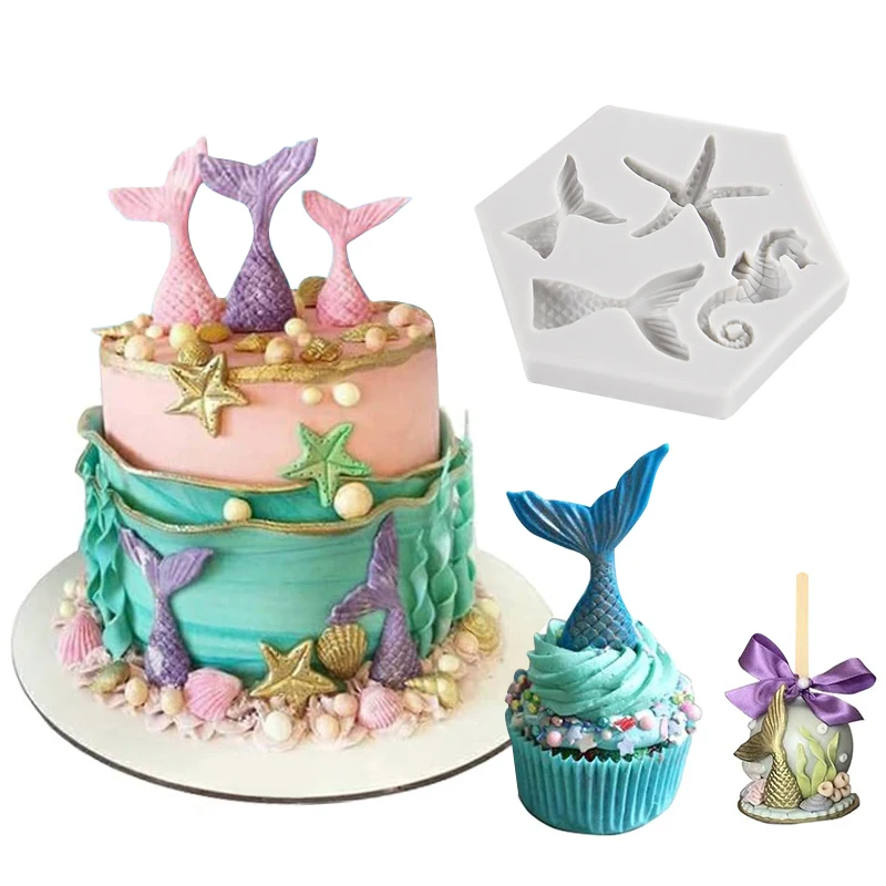 

Mermaid Theme Silicone Mold Mermaid Tail Starfish Chocolate Fondant Cake Molds Kids Under The Sea Birthday Party Cake Decoration
