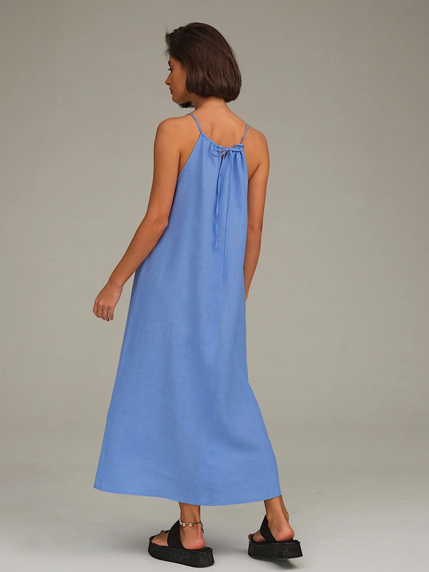 Marthaqiqi Blue Loose Femme Nightwear Spaghetti Strap Nightgowns Lace Up Sleepwear Ankle-Length Dress 2023 New Women'S Nightie