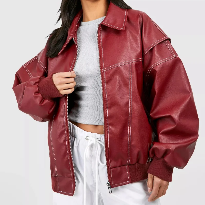 Vintage Solid Lapel Collar Zipper Women's Leather Jacket Casual Fashion Lapel Long Sleeve Coat 2024 Autumn Winter Outwear Tops