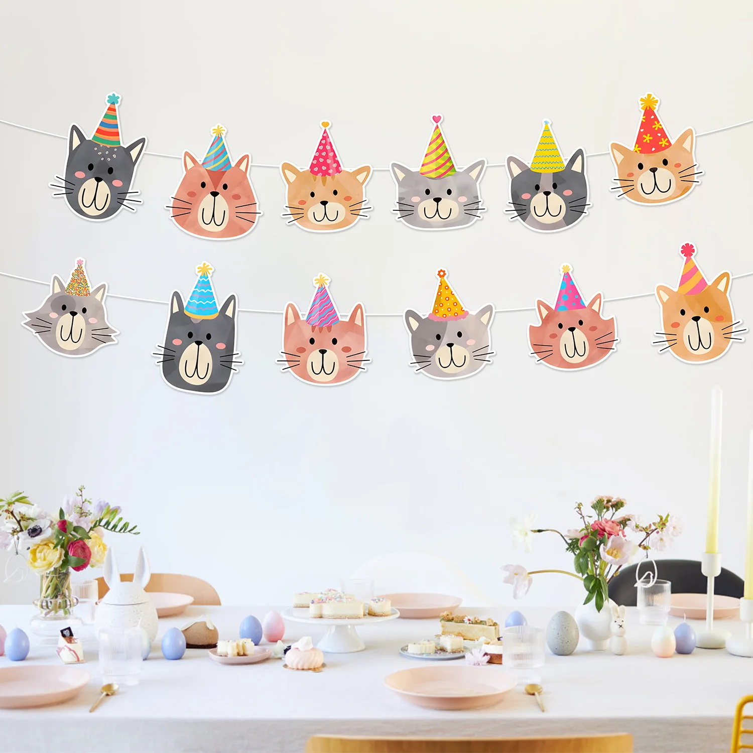 Niedliche Cartoon-Katzen-Partyflagge, Girlande, Happy Birthday Papierbanner, Bunte Banner-Dekoration, Süße Katzen-Tier-Geburtstagsparty DIY – Detail 4