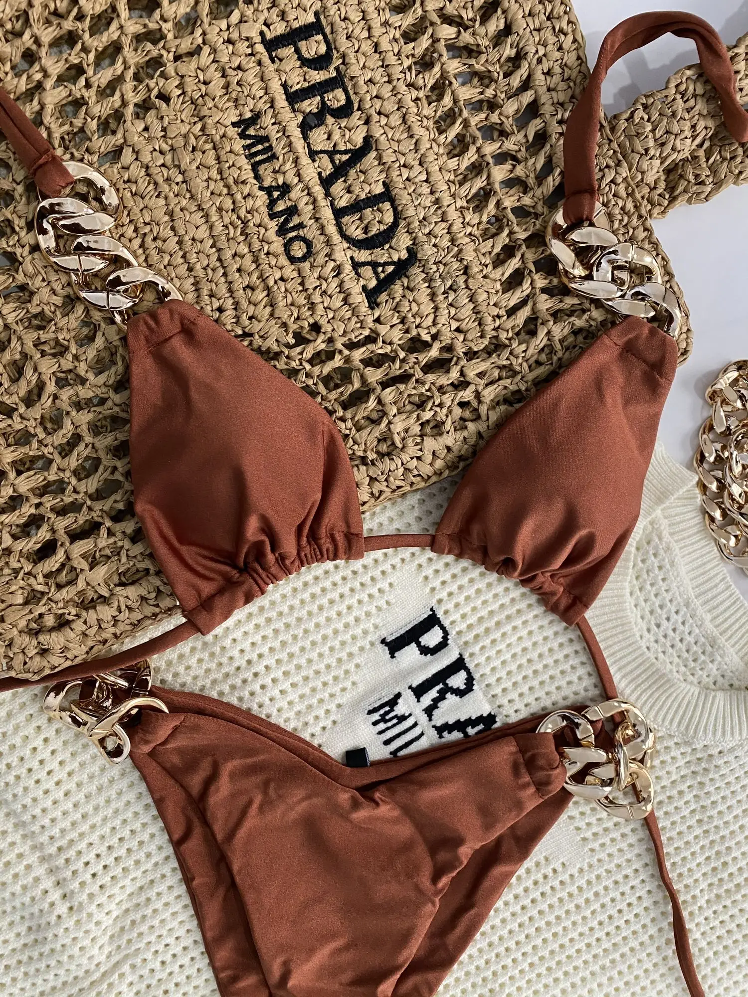 New Fashion Thickness Metal Chain Swimsuit Set Sexy Summer Beach Bikini Swimwear Women Luxury Bikini Set