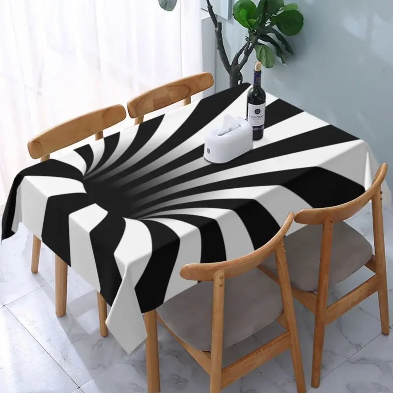 

Rectangular Waterproof Abstract Black Hole Tablecloth Backing Table Covers Optical Illusion Black And White Lines Table Cloth