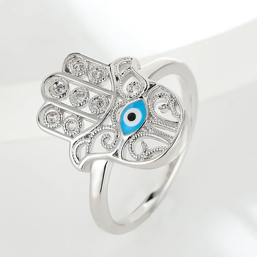 Cute Pink Blue Enamel Eye Stone Rings For Women Vintage Silver Color Engagement Band Wedding Jewelry