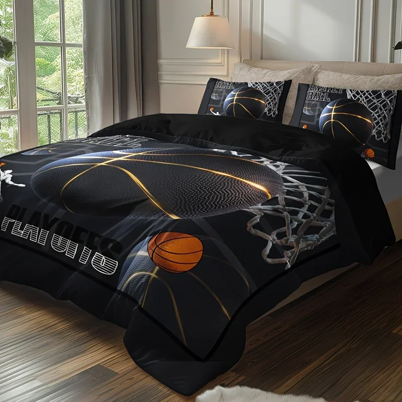 3PCS Sports Basketball HD Printed Duvet Cover Set Vibrant Soft Breathable Bedding with 1 Duvet Cover And 2 Pillowcases