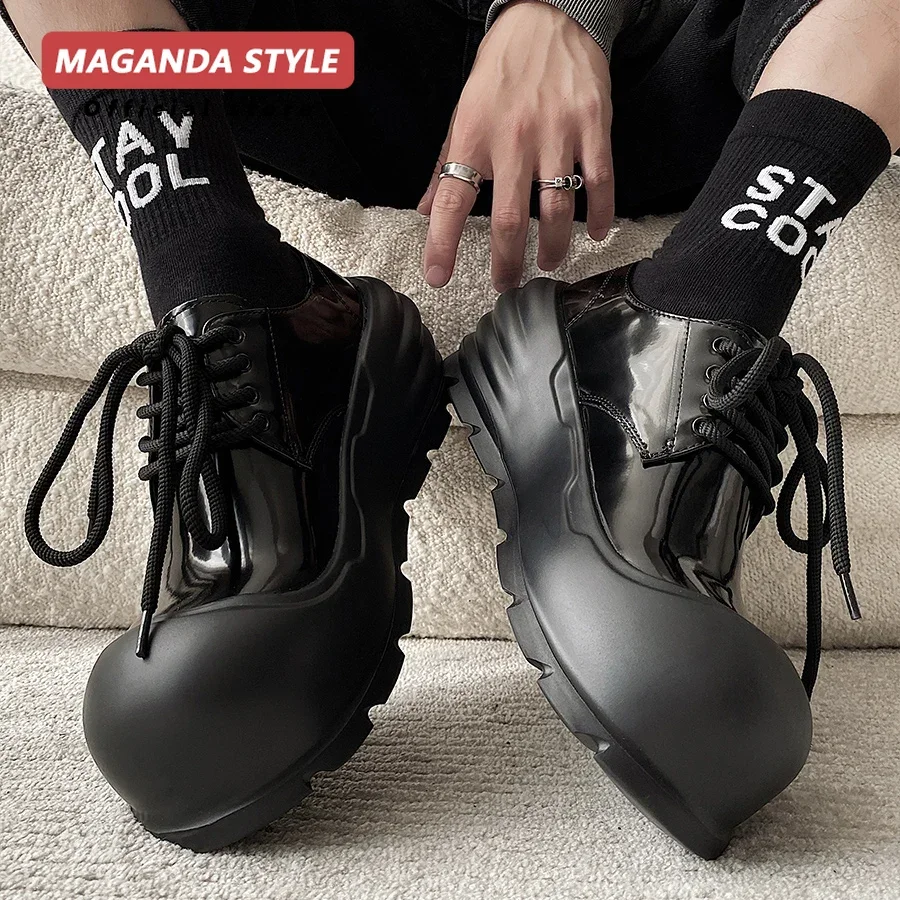 Handsome~Comfortable Dad Shoes Men Mickey Uphead Leather Shoes Thick Bottom Increased by 8CM Ugly Cute Black Warrior Bread Shoes 5