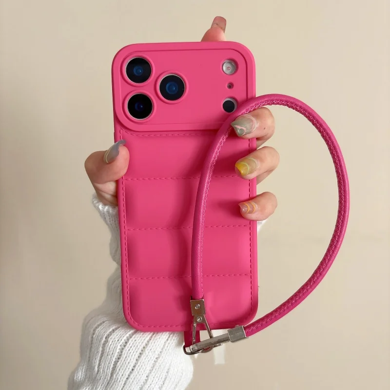 Luxury Wave Puffer Down Jacket Wrist Strap Phone Case - Solid Color Soft Cover