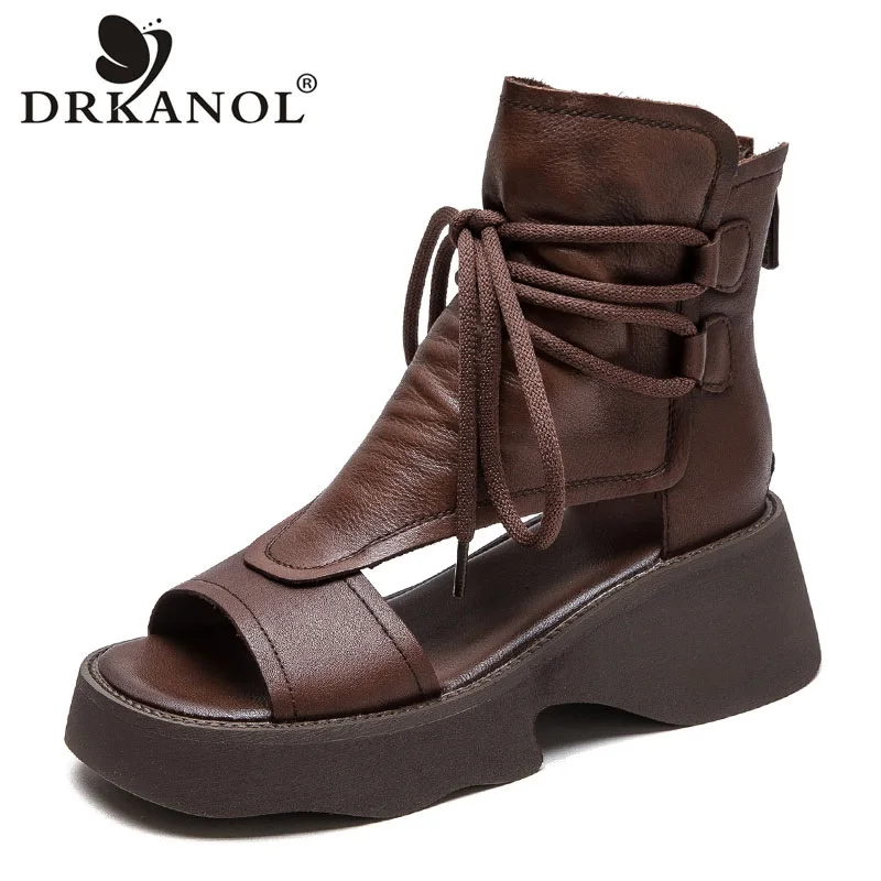 

DRKANOL Fashion Women Sandals 2024 Summer Cool Boots Quality Genuine Cow Leather Wedges Heel Platform Open Toe Retro Sandals