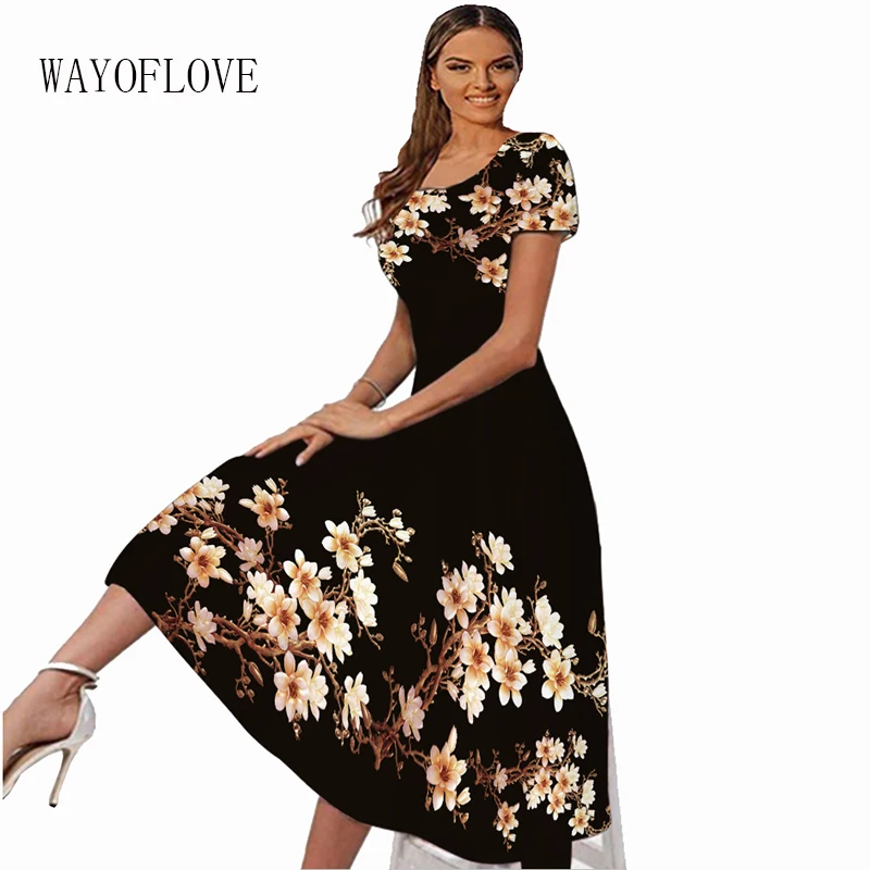 WAYOFLOVELadiesSpringSummerLongDressWomenBlackShortSleeve