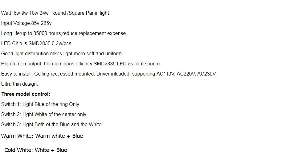 Description Picture 2 of itemDouble Color LED Panel Light 6W 9W 16W 24W Round Square Panel LED Ceiling Lamp AC110V 220V Indoor Recessed Downlight