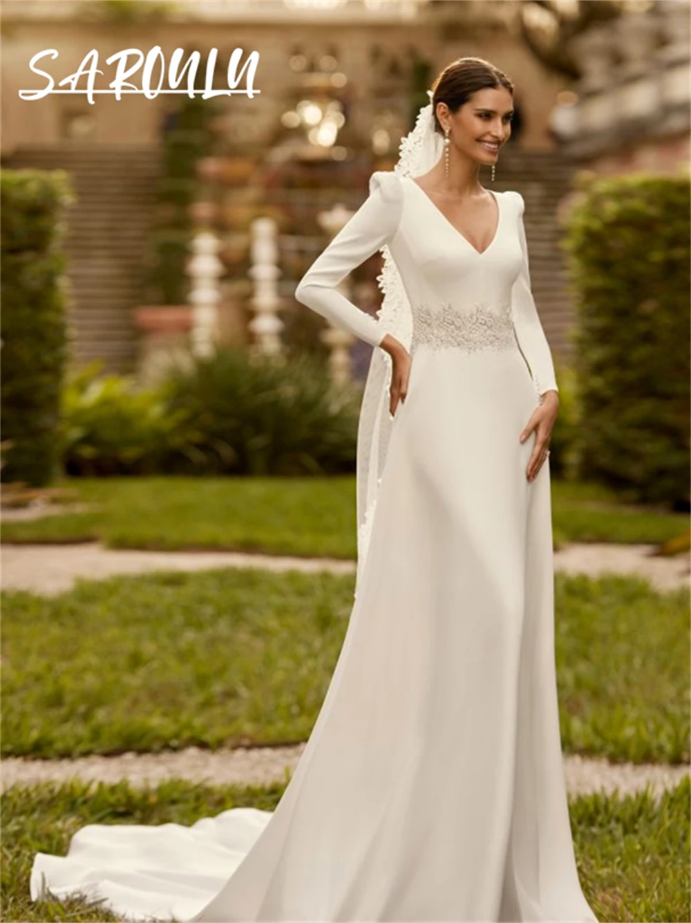 

Elegant Long Sleeve Satin Bride Dress V Neck Lace Waistline Wedding Dresses Backless Court Train Modern Bridal Gown No Veil