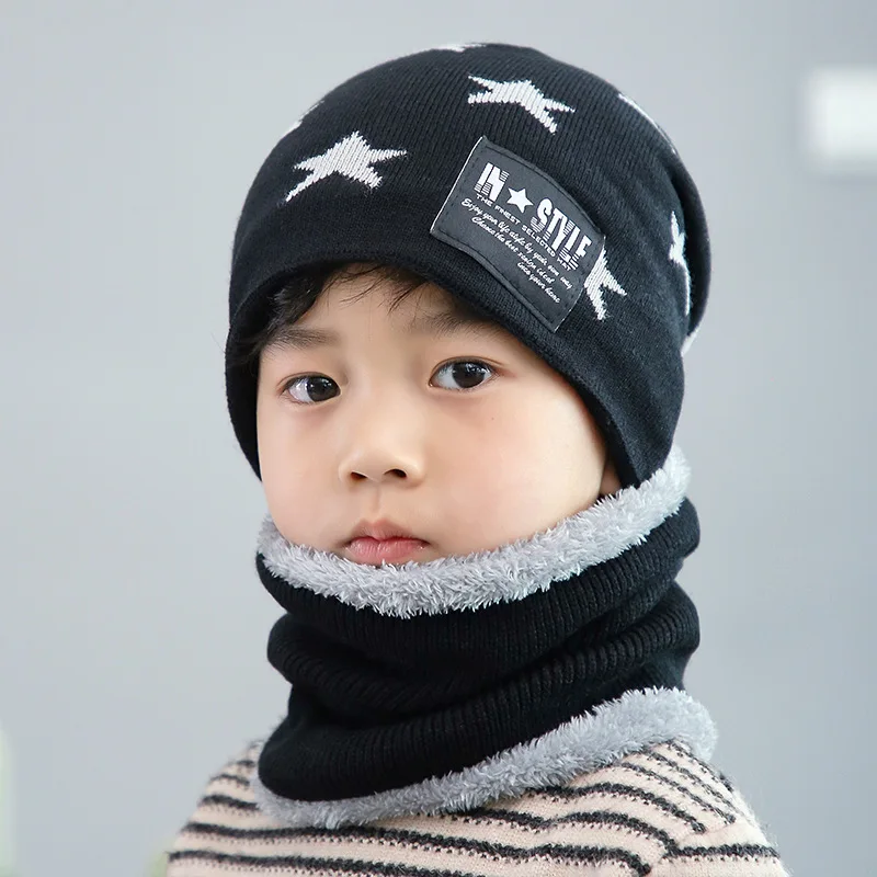 Lovely children's winter wool hat neck cover Korean version thickened warm knitted hat baby children's caps scarf set