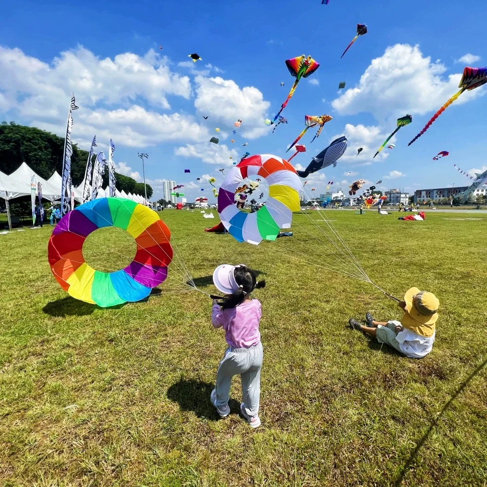 1.3m Children's Outdoor Handle Type Rolling Dragon Spinning Soft Kite Camping Flying Circular Kite Pendant Holiday Gift