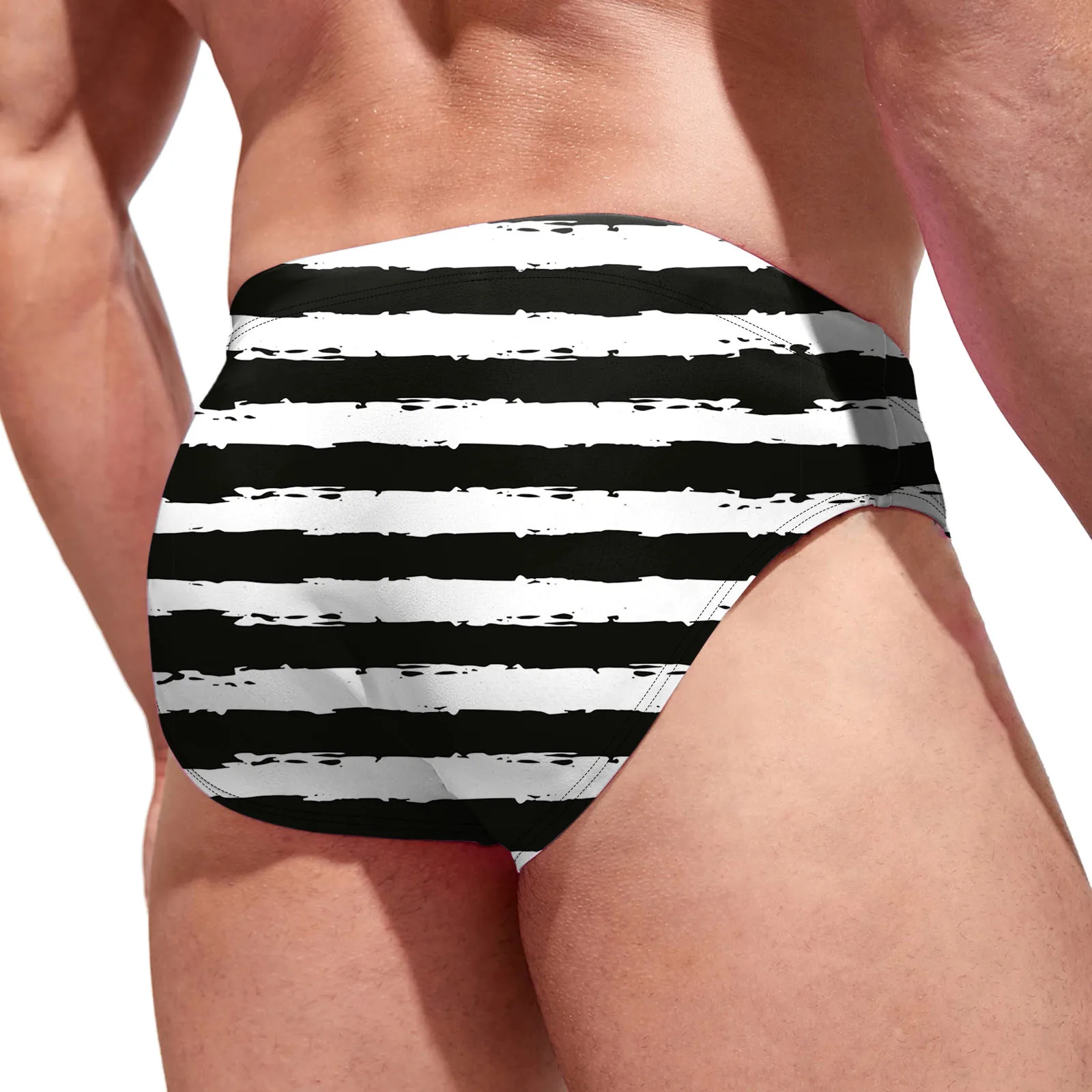 Men'S Korean Fashion Briefs Bathing Suit Youth Stylish Striped Print Shorts Low Waist Drawstring Swimwear Beach Vacation Trunks 4