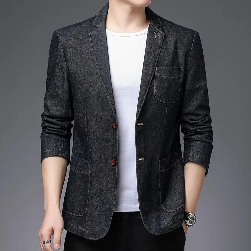 Spring Autumn New Men's High-quality Brand Business Casual Suit Jacket Men Fashion Slim Fit 2 Button Blue Denim Blazer Male