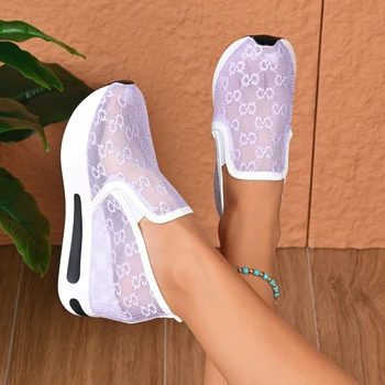 2026 New Embroidered Decoration Women's Thick-soled Sneakers Spring Summer Plus Size Mesh Lace Breathable Wedge Low-top Shoes 1
