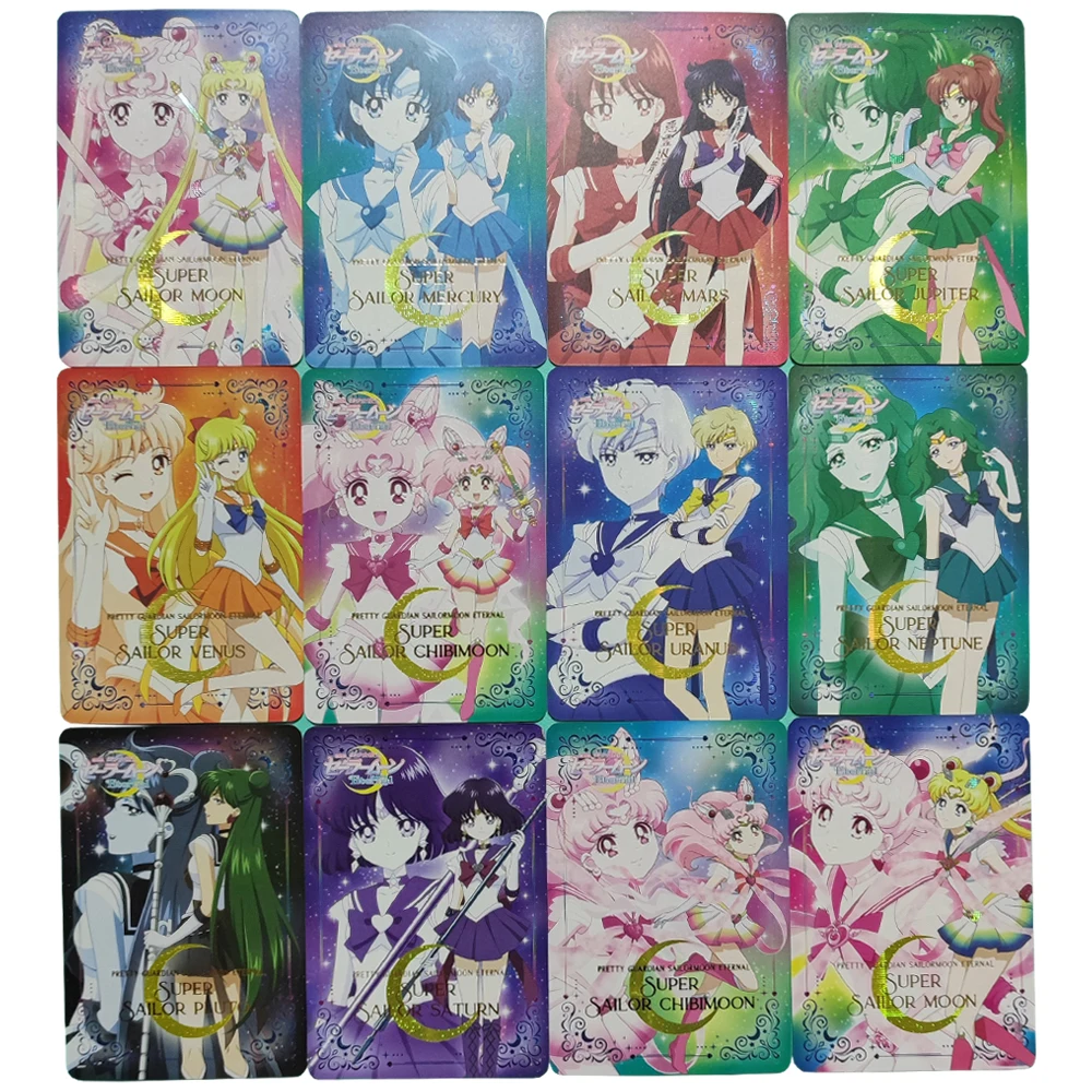 

12Pcs/set Anime Girls Flash Cards Tsukino Usagi Chibiusa Hino Rei Aino Minako Classic Gift Toys Game Anime Collection Cards