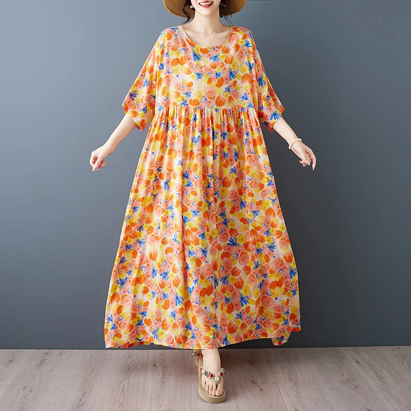 Plus Size Bohemian Print Maxi Long Dress for Women Floral Casual Cotton Linen Loose Vintage Vestidos Para Mujer Robe Dresses